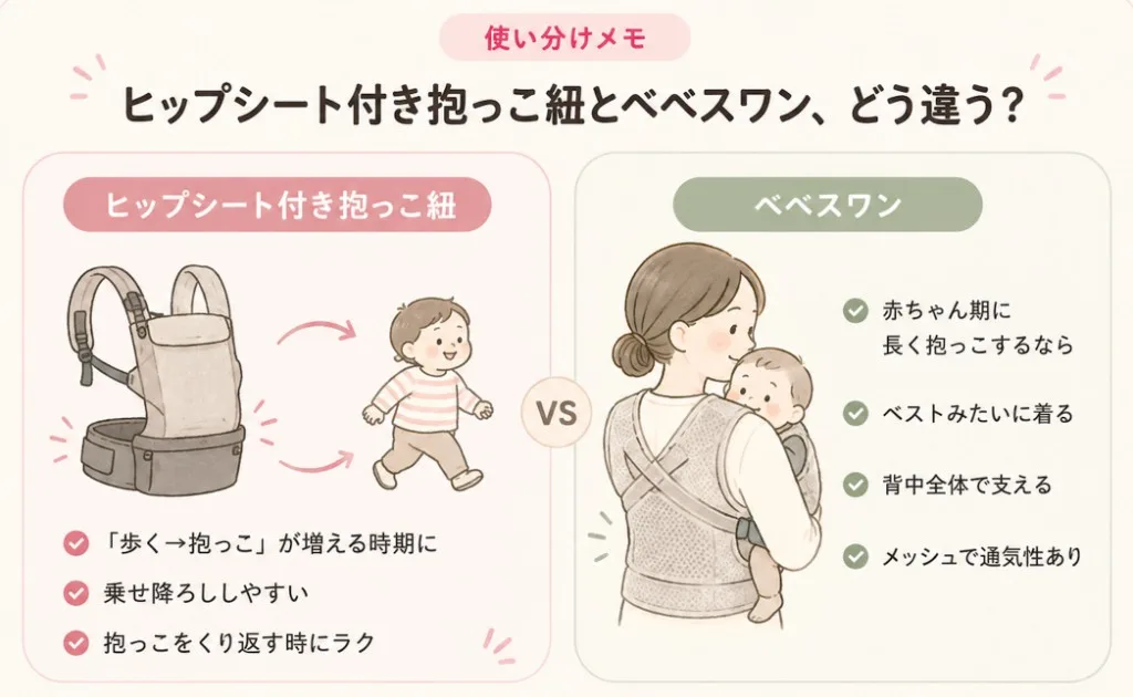 使い分けメモ:ヒップシート付き抱っこ紐とベベスワン、どう違う?
